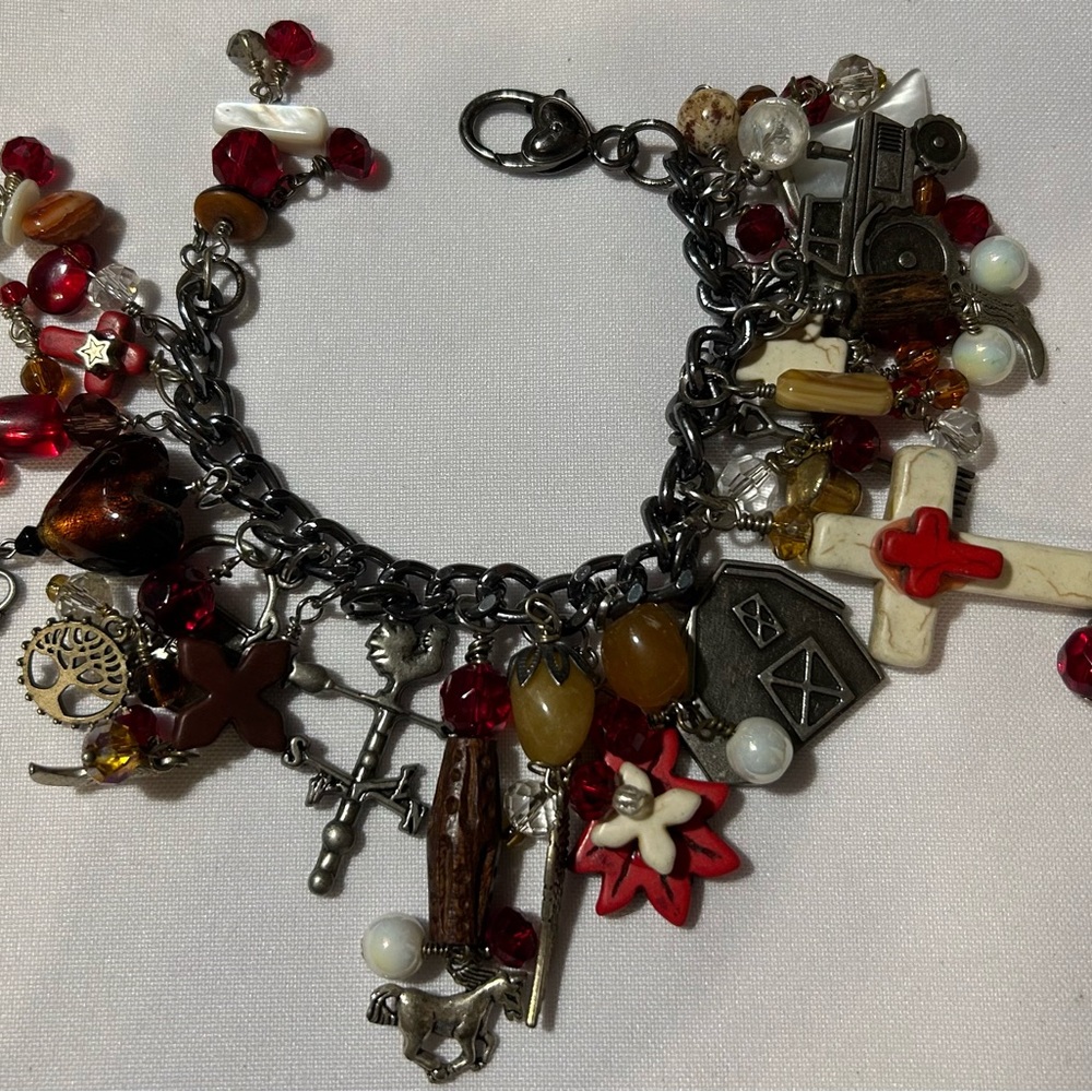 Eclectic Farm Chunky Charm Bracelet with Red and Silver Accents